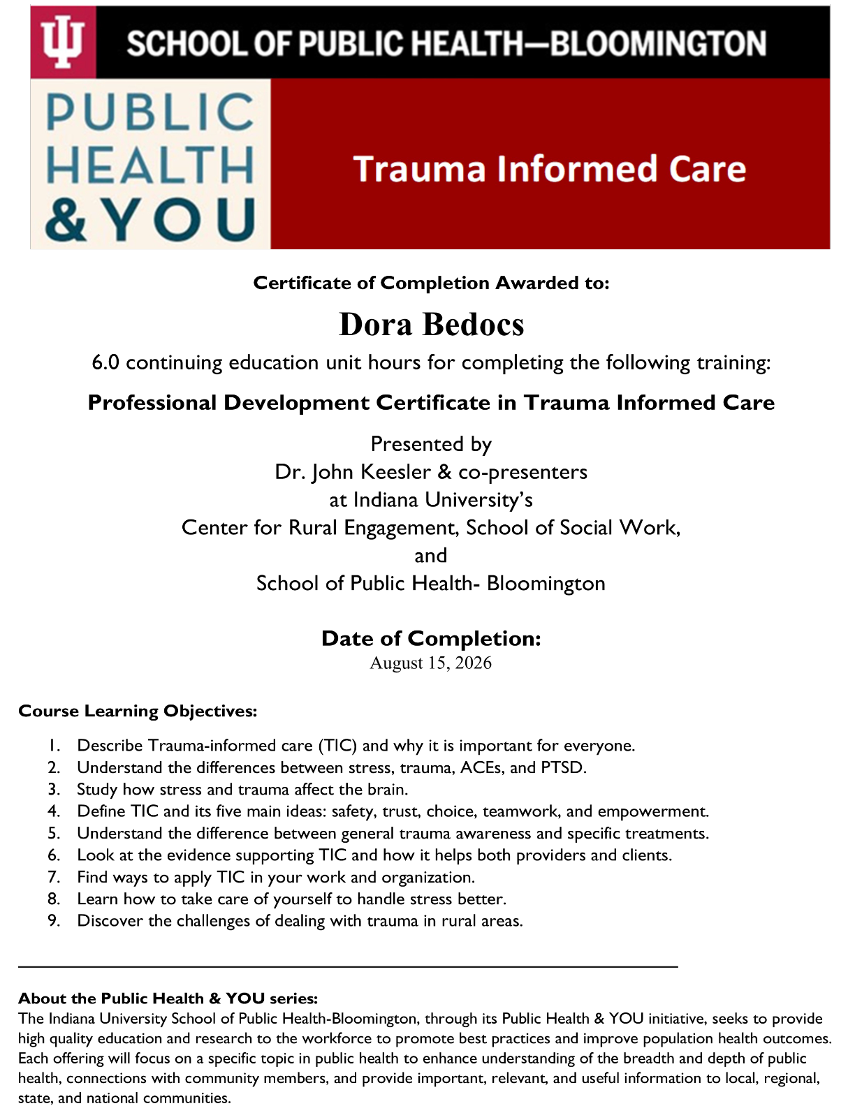 Professional Development Certificate in Trauma Informed Care